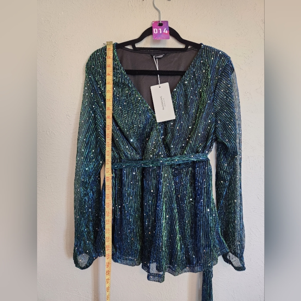 Bloomchic Sequin Mesh Lantern Sleeve Wrap Belted Striped Blouse  NWT
